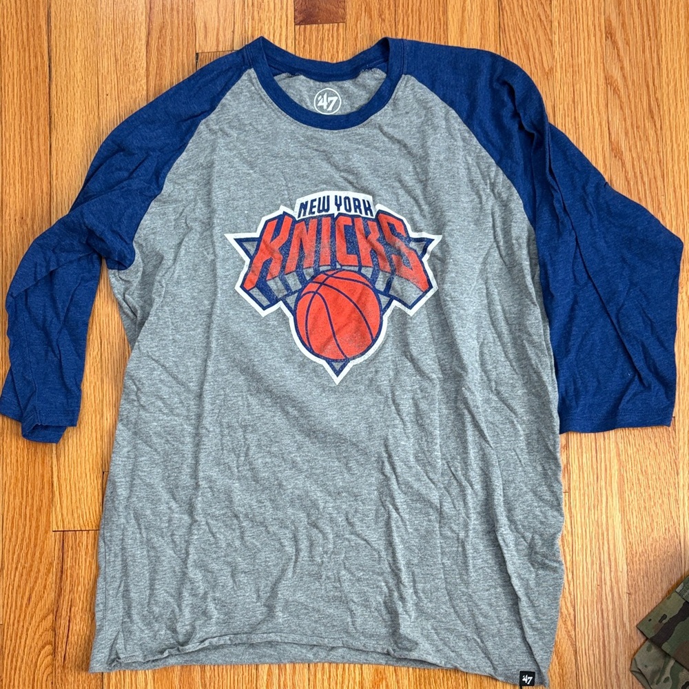 47 Brand Knicks Blue and Gray Raglan Tee